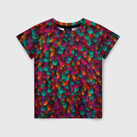 Детская футболка 3D с принтом Перья в Кировске, 100% гипоаллергенный полиэфир | прямой крой, круглый вырез горловины, длина до линии бедер, чуть спущенное плечо, ткань немного тянется | петух | попугай | птица | разноцветный | текстура | чудо