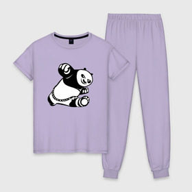 Женская пижама хлопок с принтом Панда в Кировске, 100% хлопок | брюки и футболка прямого кроя, без карманов, на брюках мягкая резинка на поясе и по низу штанин | Тематика изображения на принте: кунг фу | мульт | панда