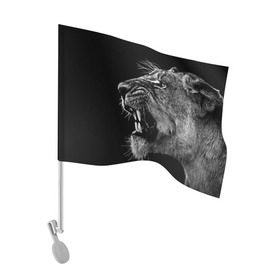 Флаг для автомобиля с принтом Львица в Кировске, 100% полиэстер | Размер: 30*21 см | animal | fangs | head | lion | lioness | predator | teeth | wild | голова | дикая | животное | клыки | лев | львица | оскал | хищник