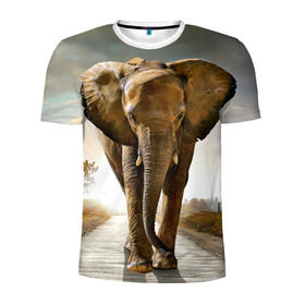 Мужская футболка 3D спортивная с принтом Слон в Кировске, 100% полиэстер с улучшенными характеристиками | приталенный силуэт, круглая горловина, широкие плечи, сужается к линии бедра | africa | animal | big | elephant | go | road | savannah | wild | африка | большой | дикий | дорога | животное | идет | саванна | слон