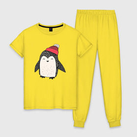 Женская пижама хлопок с принтом Пингвин в шапке в Кировске, 100% хлопок | брюки и футболка прямого кроя, без карманов, на брюках мягкая резинка на поясе и по низу штанин | милота
