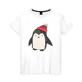 Женская футболка хлопок с принтом Пингвин в шапке в Кировске, 100% хлопок | прямой крой, круглый вырез горловины, длина до линии бедер, слегка спущенное плечо | милота
