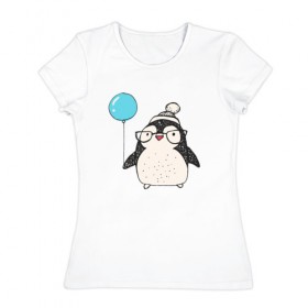 Женская футболка хлопок с принтом Пингвин с шариком в Кировске, 100% хлопок | прямой крой, круглый вырез горловины, длина до линии бедер, слегка спущенное плечо | 