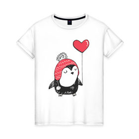 Женская футболка хлопок с принтом Пингвин с шариком в Кировске, 100% хлопок | прямой крой, круглый вырез горловины, длина до линии бедер, слегка спущенное плечо | милота