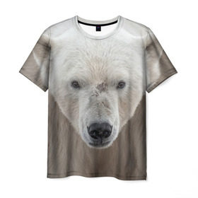 Мужская футболка 3D с принтом Белый медведь в Кировске, 100% полиэфир | прямой крой, круглый вырез горловины, длина до линии бедер | animal | bear | eyes | head | north | polar | predator | white | wild | белый | взгляд | голова | дикий | животное | медведь | полярный | север | хищник
