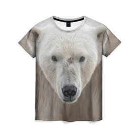 Женская футболка 3D с принтом Белый медведь в Кировске, 100% полиэфир ( синтетическое хлопкоподобное полотно) | прямой крой, круглый вырез горловины, длина до линии бедер | animal | bear | eyes | head | north | polar | predator | white | wild | белый | взгляд | голова | дикий | животное | медведь | полярный | север | хищник
