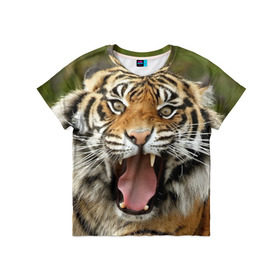 Детская футболка 3D с принтом Тигр в Кировске, 100% гипоаллергенный полиэфир | прямой крой, круглый вырез горловины, длина до линии бедер, чуть спущенное плечо, ткань немного тянется | Тематика изображения на принте: angry | animal | beast | jaws | predator | teeth | tiger | животное | зверь | злой | клыки | оскал | пасть | тигр | хищник
