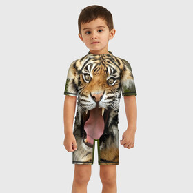 Детский купальный костюм 3D с принтом Тигр в Кировске, Полиэстер 85%, Спандекс 15% | застежка на молнии на спине | angry | animal | beast | jaws | predator | teeth | tiger | животное | зверь | злой | клыки | оскал | пасть | тигр | хищник