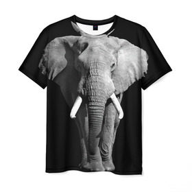 Мужская футболка 3D с принтом Слон в Кировске, 100% полиэфир | прямой крой, круглый вырез горловины, длина до линии бедер | africa | big | black   white | elephant is an animal | shroud | tusks | африка | бивни | большой | животное | идет | савана | слон | черно   белый