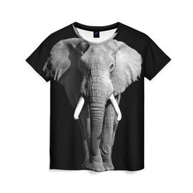 Женская футболка 3D с принтом Слон в Кировске, 100% полиэфир ( синтетическое хлопкоподобное полотно) | прямой крой, круглый вырез горловины, длина до линии бедер | africa | big | black   white | elephant is an animal | shroud | tusks | африка | бивни | большой | животное | идет | савана | слон | черно   белый