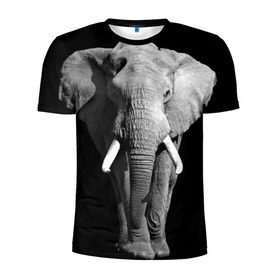 Мужская футболка 3D спортивная с принтом Слон в Кировске, 100% полиэстер с улучшенными характеристиками | приталенный силуэт, круглая горловина, широкие плечи, сужается к линии бедра | Тематика изображения на принте: africa | big | black   white | elephant is an animal | shroud | tusks | африка | бивни | большой | животное | идет | савана | слон | черно   белый
