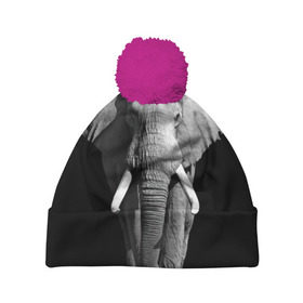 Шапка 3D c помпоном с принтом Слон в Кировске, 100% полиэстер | универсальный размер, печать по всей поверхности изделия | africa | big | black   white | elephant is an animal | shroud | tusks | африка | бивни | большой | животное | идет | савана | слон | черно   белый