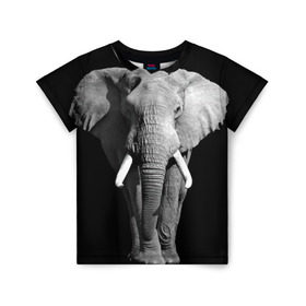 Детская футболка 3D с принтом Слон в Кировске, 100% гипоаллергенный полиэфир | прямой крой, круглый вырез горловины, длина до линии бедер, чуть спущенное плечо, ткань немного тянется | africa | big | black   white | elephant is an animal | shroud | tusks | африка | бивни | большой | животное | идет | савана | слон | черно   белый