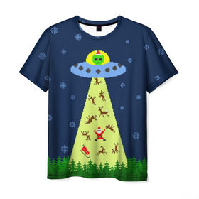 Мужская футболка 3D с принтом Похищение Санта Клауса в Кировске, 100% полиэфир | прямой крой, круглый вырез горловины, длина до линии бедер | Тематика изображения на принте: вязанный | дед мороз | нлоб инопланетяне | новый год | рождество | свитер
