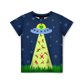 Детская футболка 3D с принтом Похищение Санта Клауса в Кировске, 100% гипоаллергенный полиэфир | прямой крой, круглый вырез горловины, длина до линии бедер, чуть спущенное плечо, ткань немного тянется | вязанный | дед мороз | нлоб инопланетяне | новый год | рождество | свитер