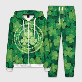 Мужской костюм 3D с принтом Ireland Happy St Patricks Day в Кировске, 100% полиэстер | Манжеты и пояс оформлены тканевой резинкой, двухслойный капюшон со шнурком для регулировки, карманы спереди | background | clover | four | green | happy st. patricks day | holiday | ireland | leaf | petal | plant | print | зеленый | ирландия | клевер | лепесток | лист | печать | праздник | растение | счастливого святого патрика | фон | четыре