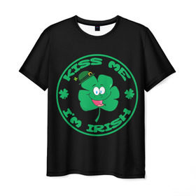 Мужская футболка 3D с принтом Ireland, Kiss me, I`m Irish в Кировске, 100% полиэфир | прямой крой, круглый вырез горловины, длина до линии бедер | Тематика изображения на принте: animation | background | black | clover | four | green | hat | im irish | ireland | kiss me | leaf | petal | printing | smile | анимация | зелёный | ирландец | ирландия | клевер | лепесток | листок | меня | печать | поцелуй | улыбка | фон | черный | четыр