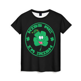 Женская футболка 3D с принтом Ireland, Kiss me, I`m Irish в Кировске, 100% полиэфир ( синтетическое хлопкоподобное полотно) | прямой крой, круглый вырез горловины, длина до линии бедер | Тематика изображения на принте: animation | background | black | clover | four | green | hat | im irish | ireland | kiss me | leaf | petal | printing | smile | анимация | зелёный | ирландец | ирландия | клевер | лепесток | листок | меня | печать | поцелуй | улыбка | фон | черный | четыр