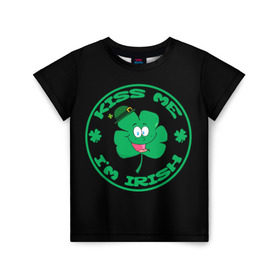 Детская футболка 3D с принтом Ireland, Kiss me, I`m Irish в Кировске, 100% гипоаллергенный полиэфир | прямой крой, круглый вырез горловины, длина до линии бедер, чуть спущенное плечо, ткань немного тянется | animation | background | black | clover | four | green | hat | im irish | ireland | kiss me | leaf | petal | printing | smile | анимация | зелёный | ирландец | ирландия | клевер | лепесток | листок | меня | печать | поцелуй | улыбка | фон | черный | четыр