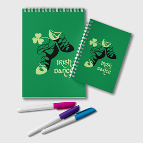 Блокнот с принтом Ireland Irish dance в Кировске, 100% бумага | 48 листов, плотность листов — 60 г/м2, плотность картонной обложки — 250 г/м2. Листы скреплены удобной пружинной спиралью. Цвет линий — светло-серый
 | background | black | clover | dance | green | ireland | irish | petal | soft shoes | зеленый | ирландия | ирландский | клевер | лепесток | мягкая | обувь | танец | фон | черная