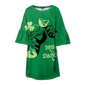 Детское платье 3D с принтом Ireland, Irish dance в Кировске, 100% полиэстер | прямой силуэт, чуть расширенный к низу. Круглая горловина, на рукавах — воланы | background | black | clover | dance | green | ireland | irish | petal | soft shoes | зеленый | ирландия | ирландский | клевер | лепесток | мягкая | обувь | танец | фон | черная
