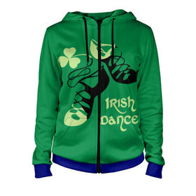 Женская толстовка 3D на молнии с принтом Ireland, Irish dance в Кировске, 100% полиэстер | длина до линии бедра, манжеты и пояс оформлены мягкой тканевой резинкой, двухслойный капюшон со шнурком для регулировки, спереди молния, по бокам два кармана | background | black | clover | dance | green | ireland | irish | petal | soft shoes | зеленый | ирландия | ирландский | клевер | лепесток | мягкая | обувь | танец | фон | черная