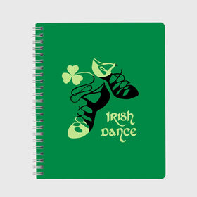 Тетрадь с принтом Ireland Irish dance в Кировске, 100% бумага | 48 листов, плотность листов — 60 г/м2, плотность картонной обложки — 250 г/м2. Листы скреплены сбоку удобной пружинной спиралью. Уголки страниц и обложки скругленные. Цвет линий — светло-серый
 | Тематика изображения на принте: background | black | clover | dance | green | ireland | irish | petal | soft shoes | зеленый | ирландия | ирландский | клевер | лепесток | мягкая | обувь | танец | фон | черная