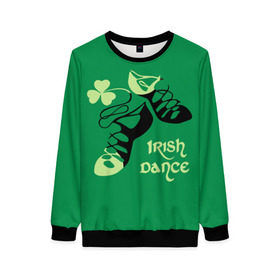 Женский свитшот 3D с принтом Ireland, Irish dance в Кировске, 100% полиэстер с мягким внутренним слоем | круглый вырез горловины, мягкая резинка на манжетах и поясе, свободная посадка по фигуре | Тематика изображения на принте: background | black | clover | dance | green | ireland | irish | petal | soft shoes | зеленый | ирландия | ирландский | клевер | лепесток | мягкая | обувь | танец | фон | черная