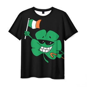 Мужская футболка 3D с принтом Ирландия, клевер с флагом в Кировске, 100% полиэфир | прямой крой, круглый вырез горловины, длина до линии бедер | animation | background | black | clover | flag | ireland | smile | stick | teeth | анимация | зубы | ирландия | клевер | очки | палка | улыбка | флаг | фон | черный