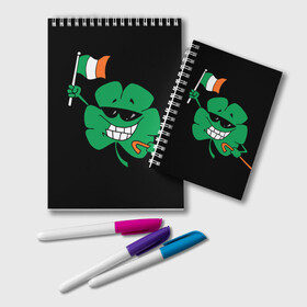 Блокнот с принтом Ирландия клевер с флагом в Кировске, 100% бумага | 48 листов, плотность листов — 60 г/м2, плотность картонной обложки — 250 г/м2. Листы скреплены удобной пружинной спиралью. Цвет линий — светло-серый
 | Тематика изображения на принте: animation | background | black | clover | flag | ireland | smile | stick | teeth | анимация | зубы | ирландия | клевер | очки | палка | улыбка | флаг | фон | черный