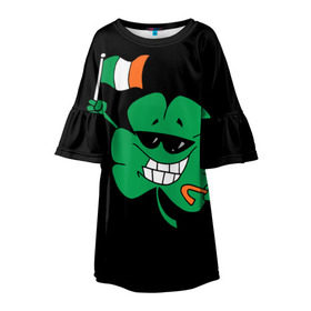 Детское платье 3D с принтом Ирландия, клевер с флагом в Кировске, 100% полиэстер | прямой силуэт, чуть расширенный к низу. Круглая горловина, на рукавах — воланы | animation | background | black | clover | flag | ireland | smile | stick | teeth | анимация | зубы | ирландия | клевер | очки | палка | улыбка | флаг | фон | черный