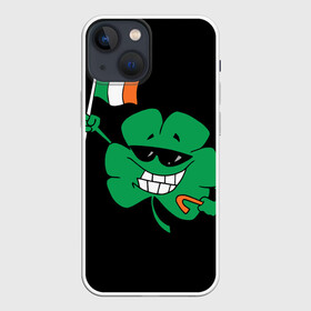Чехол для iPhone 13 mini с принтом Ирландия, клевер с флагом в Кировске,  |  | Тематика изображения на принте: animation | background | black | clover | flag | ireland | smile | stick | teeth | анимация | зубы | ирландия | клевер | очки | палка | улыбка | флаг | фон | черный