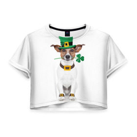 Женская футболка 3D укороченная с принтом Ирландия в Кировске, 100% полиэстер | круглая горловина, длина футболки до линии талии, рукава с отворотами | animal | breed | clover | dog | folk | fun | funny | hat | hero | ireland | irish | saint patrick | герой | животное | ирландия | ирландский | клевер | народный | порода | прикол | святой патрик | собака | шляпа | шутка