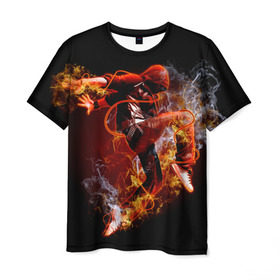 Мужская футболка 3D с принтом Огненный танец в Кировске, 100% полиэфир | прямой крой, круглый вырез горловины, длина до линии бедер | background | black | dance | dancer | energy | fire | flame | flying | male | мужчина | огненный | пламя | полет | танец | танцор | фон | черный | энергия