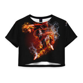 Женская футболка 3D укороченная с принтом Огненный танец в Кировске, 100% полиэстер | круглая горловина, длина футболки до линии талии, рукава с отворотами | background | black | dance | dancer | energy | fire | flame | flying | male | мужчина | огненный | пламя | полет | танец | танцор | фон | черный | энергия