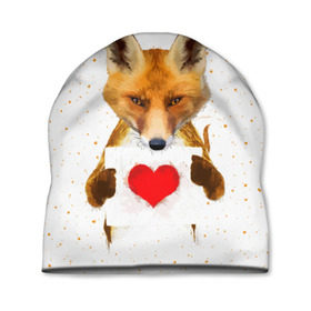 Шапка 3D с принтом Влюбленная лиса в Кировске, 100% полиэстер | универсальный размер, печать по всей поверхности изделия | animal | beast | fox | heart | love | orange | животное | зверь | лис | лиса | личиска | любовь | рыжая | сердце