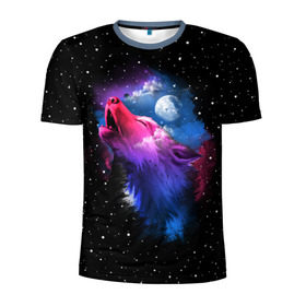 Мужская футболка 3D спортивная с принтом Воющий волк в Кировске, 100% полиэстер с улучшенными характеристиками | приталенный силуэт, круглая горловина, широкие плечи, сужается к линии бедра | animal | beast | cosmic | galaxy | moon | planet | rage | roar | space | star | universe | wild | wolf | волк | вселенная | галактика | животное | звезды | зверь | космос | луна | планета | рык | ярость