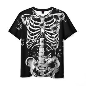 Мужская футболка 3D с принтом Floral Skeleton в Кировске, 100% полиэфир | прямой крой, круглый вырез горловины, длина до линии бедер | art | bone | dark | death | fashion | flower | hipster | skelet | skull | арт | грудь | кости | мода | ребра | скелет | стиль | темный | хипстер | цвет | череп
