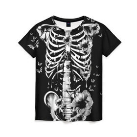 Женская футболка 3D с принтом Floral Skeleton в Кировске, 100% полиэфир ( синтетическое хлопкоподобное полотно) | прямой крой, круглый вырез горловины, длина до линии бедер | art | bone | dark | death | fashion | flower | hipster | skelet | skull | арт | грудь | кости | мода | ребра | скелет | стиль | темный | хипстер | цвет | череп