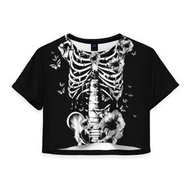 Женская футболка 3D укороченная с принтом Floral Skeleton в Кировске, 100% полиэстер | круглая горловина, длина футболки до линии талии, рукава с отворотами | Тематика изображения на принте: art | bone | dark | death | fashion | flower | hipster | skelet | skull | арт | грудь | кости | мода | ребра | скелет | стиль | темный | хипстер | цвет | череп