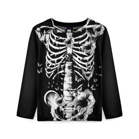 Детский лонгслив 3D с принтом Floral Skeleton в Кировске, 100% полиэстер | длинные рукава, круглый вырез горловины, полуприлегающий силуэт
 | art | bone | dark | death | fashion | flower | hipster | skelet | skull | арт | грудь | кости | мода | ребра | скелет | стиль | темный | хипстер | цвет | череп