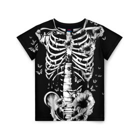 Детская футболка 3D с принтом Floral Skeleton в Кировске, 100% гипоаллергенный полиэфир | прямой крой, круглый вырез горловины, длина до линии бедер, чуть спущенное плечо, ткань немного тянется | Тематика изображения на принте: art | bone | dark | death | fashion | flower | hipster | skelet | skull | арт | грудь | кости | мода | ребра | скелет | стиль | темный | хипстер | цвет | череп