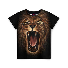 Детская футболка 3D с принтом Львиный рык в Кировске, 100% гипоаллергенный полиэфир | прямой крой, круглый вырез горловины, длина до линии бедер, чуть спущенное плечо, ткань немного тянется | Тематика изображения на принте: animal | beast | cat | feline | king | lion | meow | pussy | rage | roar | животное | зверь | король | кот | кошка | лев | львица | мяу | рык | хищник | царь | ярость
