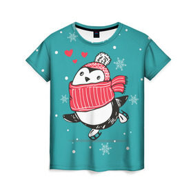 Женская футболка 3D с принтом Пингвинчик на коньках в Кировске, 100% полиэфир ( синтетическое хлопкоподобное полотно) | прямой крой, круглый вырез горловины, длина до линии бедер | 14 февраля | день святого валентина | зима | пингвин | снег | снежинки