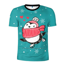 Мужская футболка 3D спортивная с принтом Пингвинчик на коньках в Кировске, 100% полиэстер с улучшенными характеристиками | приталенный силуэт, круглая горловина, широкие плечи, сужается к линии бедра | 14 февраля | день святого валентина | зима | пингвин | снег | снежинки