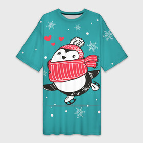 Платье-футболка 3D с принтом Пингвинчик на коньках в Кировске,  |  | Тематика изображения на принте: 14 февраля | день святого валентина | зима | пингвин | снег | снежинки