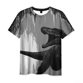 Мужская футболка 3D с принтом Пещера динозавра в Кировске, 100% полиэфир | прямой крой, круглый вырез горловины, длина до линии бедер | animal | beast | dino | rage | roar | динозавр | животное | зверь | земля | пещера | рык | эра | ярость
