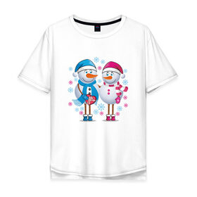 Мужская футболка хлопок Oversize с принтом Снеговики. Любовь. Рождество. в Кировске, 100% хлопок | свободный крой, круглый ворот, “спинка” длиннее передней части | 