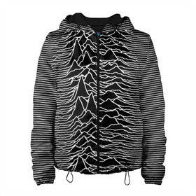 Женская куртка 3D с принтом Joy Division. Unknown Pleasures в Кировске, ткань верха — 100% полиэстер, подклад — флис | прямой крой, подол и капюшон оформлены резинкой с фиксаторами, два кармана без застежек по бокам, один большой потайной карман на груди. Карман на груди застегивается на липучку | joy division | альбом | волны | горы | линии | обложка | панк | рок