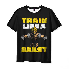 Мужская футболка 3D с принтом Train Like a Beast в Кировске, 100% полиэфир | прямой крой, круглый вырез горловины, длина до линии бедер | dragon ball | strong | workout | воркаут | драгон бол